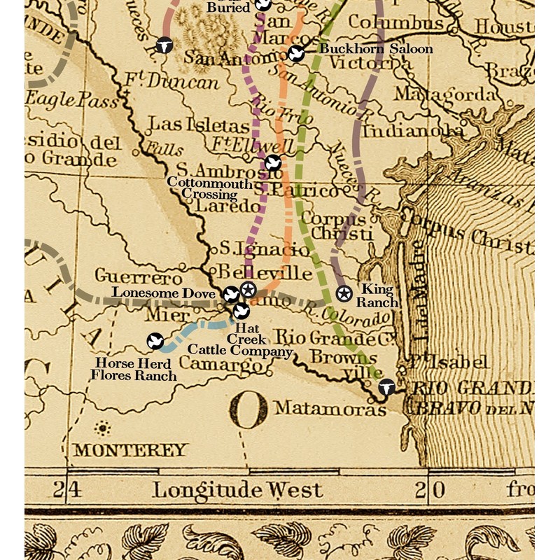 1881 Lonesome Dove/Comanche Moon Wars & Great Cattle Trails Map