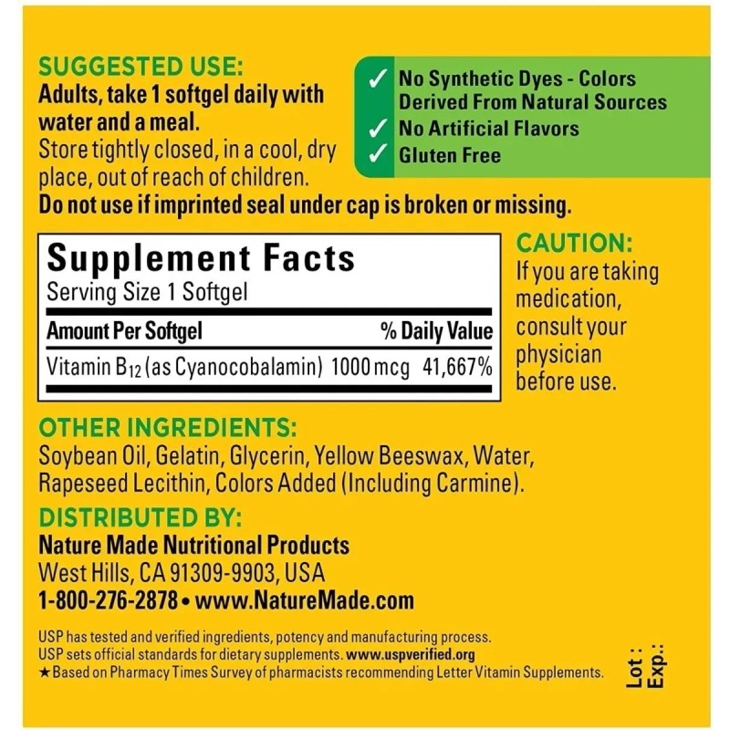 Nature Made Vitamina B12 1000 Mcg 400 Softgels Sabor Sin