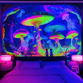 bzwcbei Blacklight Mushroom Tapestry, Black Light Tapestry Aesthetics Wall Hanging for Bedroom, Glow in the Dark Moon Tapestries Poster Blanket College Dorm Home Decor 60X40Inches