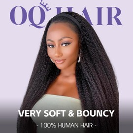 OQ HAIR Kinky Straight Half Wig With Headband Human Hair for Women 180% Density Seamless Flip Yaki Straight Half Wig Human Hair Beginner Friendly 24 Inch