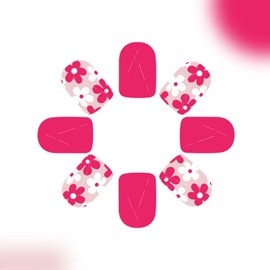 Flower Press on Nails Short Square Fake Nails Summer Glue on Nail Hot Pink Acrylic False Nail Full Cover Stick on Nails Glossy Artificial Nail for Women Manicure 24Pcs