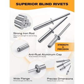 100 PCs 5/32'' x 1/2''Aluminum Blind Rivets, Pack of 100 CT 4mm x 13mm Pop Rivets with Aluminum Grip and Steel Mandrel