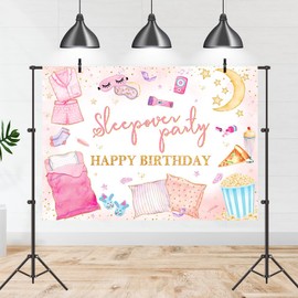Tcoyodw Sleepover Party Happy Birthday Backdrop 7x5ft Pajamas Slumber Party Decorations for Girls Pink Pillow Movie Night Photography Background Banner Photo Studio Props