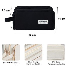 Torytoe Pencil Case, Large Capacity Pencil Case, 5 Compartments, Double-Sided Pencil Case, Zip Case, School Boys, Portable Pencil Case, Girls for School Supplies, Office and Makeup, black, Pure Colour