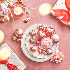 Valery Madelyn 35pcs Christmas Tree Decorations,Shatterproof Rose Champagne Gold Heart Baubles Hanging for Valentines Day Home,3-6cm
