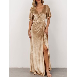 MEROKEETY Women's Short Sleeve Vintage Velvet Long Dress Sexy Boho Wedding Guest Evening Maxi Dresses, Champagne, Large