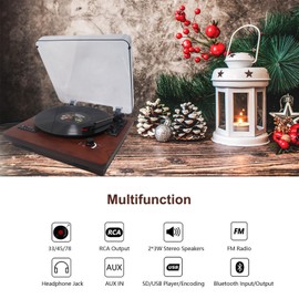 Vintage Record Player with Built-in Speakers, Bluetooth Input/Output, USB/SD Playback and Recording, FM Radio, Line Out, AUX in, Earphone Jack