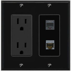 RiteAV 15A Power Outlet 1 Port CAT6A 1 PHONE Jack Decorative Wall Plate [Black]