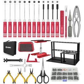 RC Tool Kit Screwdriver Set (Flat, Phillips, Hex) Metal Holder, RC Work Stand, 522PCS Screw Kit, Pliers Set, Body Reamer, Wrench, Tray, Repair Tool for RC Car Boat Quadcopter Helicopter -27pcs (Red)