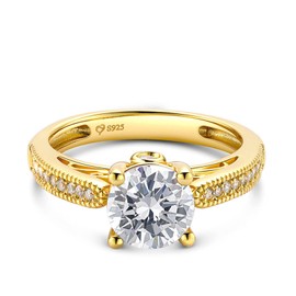Jeulia Women Sterling Silver Ring:Classic Round Cut Cubic Zirconia Gold Plated Promise Engagement Ring Diamond Eternity Band Jewellery Gift for Wife Her
