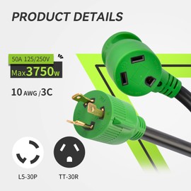 RVMATE 3 Prong 12 Inch 30 Amp to 30 Amp RV Generator Adapter Cord ETL Certified, STW 10/3, L5-30P Male Plug to TT-30R Female Connector with LED Indicator