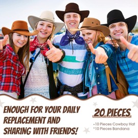 Coume 10 Set Cowboy Hat and Bandana for Women Men 10 Felt Cowgirl Cowboy Hat Bulk 10 Western Bandanas for Adult Costume Party(Multicolor,Classic Style)