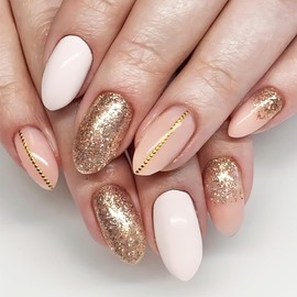 Gold Glitter Press on Nails Polka Dots Line Stick on Medium Almond Nails Gold Sparkly Acrylic Fake Nails 24 Pcs Glossy Gold line False Nails Fall Nails Gel Glue on Nails for Women Girls