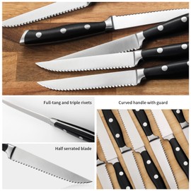 Alata 6-Piece Steak Knives Set with Block, Stainless Steel Steak Knife set with Serrated Edge, Razor-Sharp, Full-Tang Construction, Dishwasher Safe