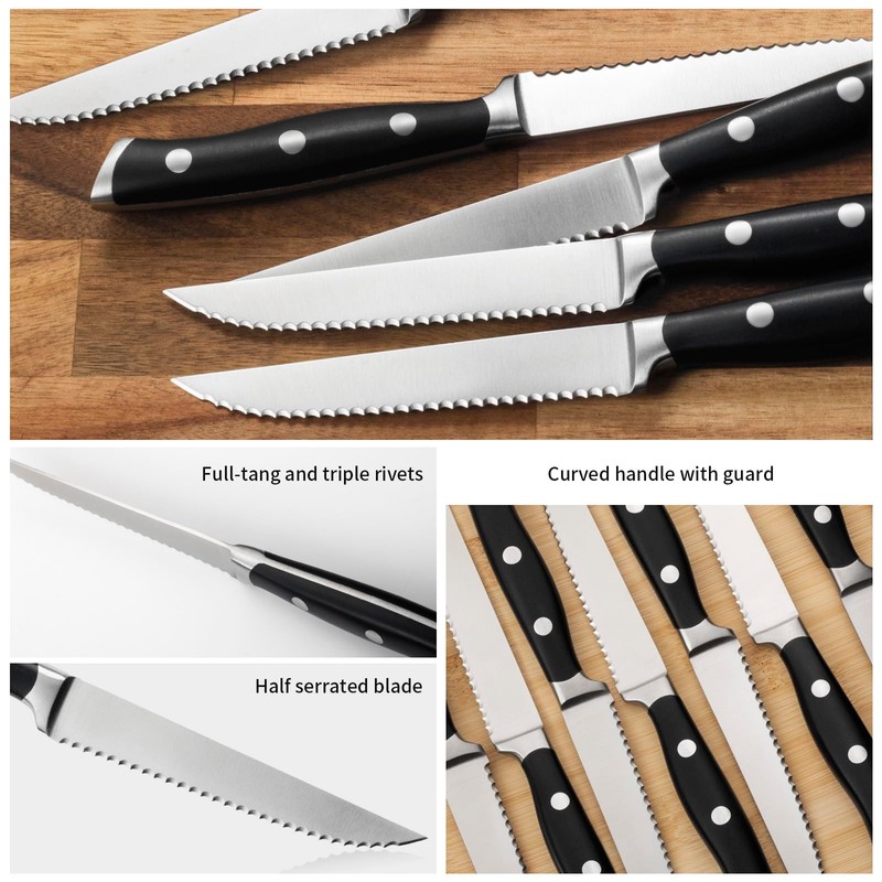 Alata 6-Piece Steak Knives Set with Block, Stainless Steel Steak