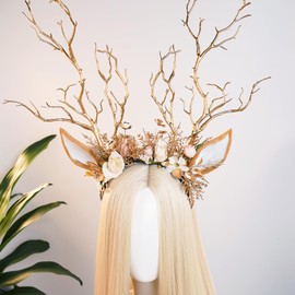 MOSTORY Branch Flower Antlers Headpiece - Gold Reindeer Ear Headband for Renaissance Deer Cosplay, Woodland Floral Antler Hairband for Renfaire Fairy Costume Women Fantasy Photo Shoot