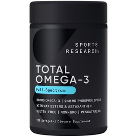 Sports Research Triple Strength Omega 3 Fish Oil 1250mg from Wild Alaska Pollock - Burpless Fish Oil Supplement with Omega3s EPA & DHA - Sustainably Sourced, Non-Gmo, Gluten Free - 30 Softgels:_Triple Strength Omega-3 1040mg_120 Count