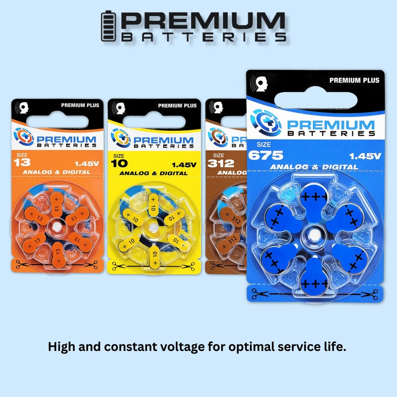 Premium Batteries Size 675 PR44 1.45V Hearing Aid Batteries Blue