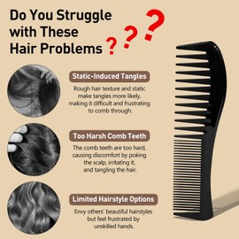 Zoolinn Versatile Hair Grooming Set - 3PCS Black Double-Sided Combs for Women and Men, Wide & Fine Teeth, Expert Styling Comb