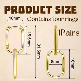 [Brand] 24K Gold Plated Oval & Square Hoop Earrings for Women, Adjustable Geometric Double Ring Convertible Link Earrings Hypoallergenic Jewelry Gifts