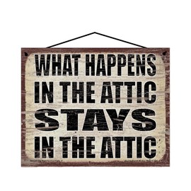 8x10 What Happens in the Attic Stays in the Attic - Vintage Style Hanging Sign - Decorative Wall Art for Indoor Home Décor, Perfect for Upstairs Attics