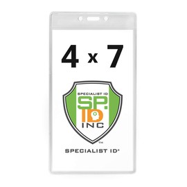 4 x 7 Extra Large Clear Vinyl Badge Holders - Heavy Duty Vertical Plastic Name Tag Sleeves for Pit Pass, Press Credential, Sports and Season Tickets by Specialist ID