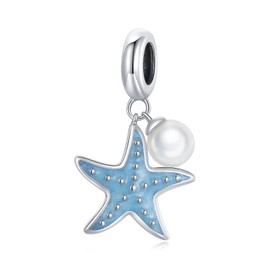 NINGAN 925 Sterling Silver Blue Starfish Pearls Pendant Drip Glaze Design Charm Compatible Women Bracelet Necklace