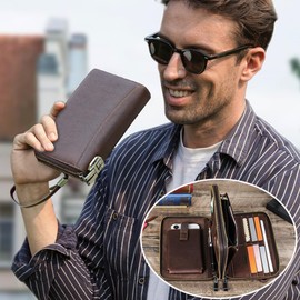 Contacts Full Grain Leather Airtag Passport Holder Travel Clutch Wallet with Code Lock Phone Organizer Large Wristlet Zipper RFID Purse, Deep Brown, Business