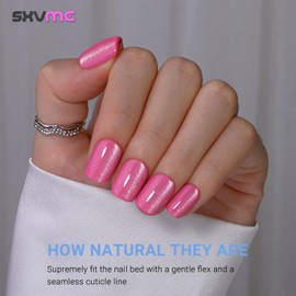 30 PCS Hot Pink Cat Eye Press on Nails Short Square, SXVME Shimmer Glue on Nails Short Fake Nails, Reusable Gel Nails with Glitter Acrylic Nails Press ons, False Nails for Women Girls