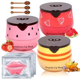 IONSGAKO Bálsamo Labial De Abeja En Tarro De Miel, 3 Unidades, Mascarilla Labial De Miel, Fresa Y Sandía, Mascarilla Labial De Miel Para Dormir,...   