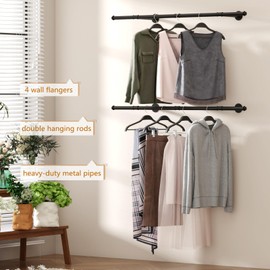 MaiRHK Industrial Pipe Clothing Rack,Wall Mounted Clothes Racks Closet Rods for Hanging Clothes Pipe Clothing Rack Wall Mounted Double Rods-49'' BLACK