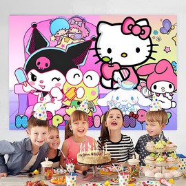 Kawaii And Friends Birthday Decorations Happy Birthday Banner Backdrop for Kids Birthday Party Supplies (5x3ft)