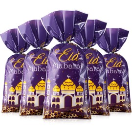 100 Pieces Eid Mubarak Party Treat Bags, Ramadan Theme Printed Pattern Gift Bags Cellophane Clear Plastic Goodie Favor Bags with Silver Twist Ties for Eid Mubarak Party (Purple Gold)