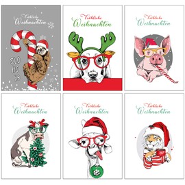 30 Funny Christmas Cards (Folding Cards) with 6 Different Animal Motifs with Brown Envelopes Made of Recycled Kraft Paper (Christmas Animals)