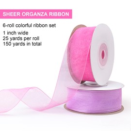Mlurcu Sheer Ribbon Organza Ribbon 1 Inch x 25Yd 6 Rolls Sheer Chiffon Ribbon Pink Organza Ribbon Clear Fabric Ribbon for Gift Wrapping Wedding Bouquet Wrapping Christmas Tree Decor Bows DIY Crafts