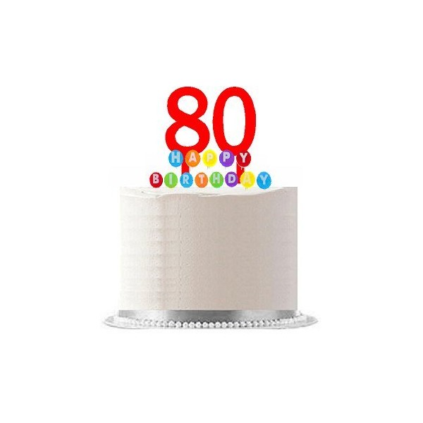 Item#080WCD - Happy 80th Birthday Party Red Cake Topper & Rainbow Candle Stand Elegant Cake Decoration Topper Kit