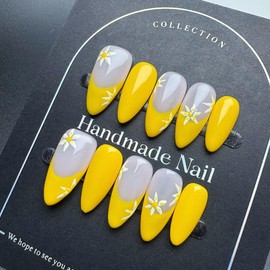 100% Handmade Press on Nails Medium Almond Handmade Nails with White Flower Daisy Design Yellow False Nails Glossy Yellow French Tip Nail Press ons Reusable Fake Nails for Women Size L 10Pcs