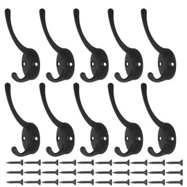 Aniann Heavy Duty Dual Coat Hooks Wall Mounted, 10 Pack Dual Prong Retro Double Utility Rustic Hooks with 20 Screws for Coat, Scarf, Bag, Towel, Key, Cap, Cup, Hat (Black)