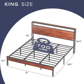 Orchidleaf King Size Bed Frame with LED Lights and Charging Station, Heavy Duty Metal Frame Support, Bed Frame with Headboard, Noise-Free, Mahogany Color