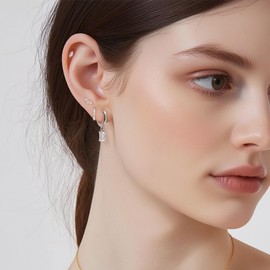 Frigotine Silver White Dangle Hoop Earrings for Women, Dainty Rhinestone Gemstone Lightweight Rectangle Dangling Huggie Earing Holiday Prom Jewelry Gift