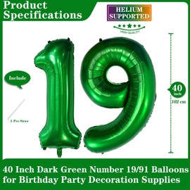 Dark Green 19 Number Balloons, 40 Inch Giant Number 19 Balloons Foil Mylar Helium Dark Green Number Balloons for 19th Birthday Party Supplies Anniversary Event Celebration Decorations