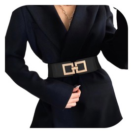 Wide Belts for Women Fashion Elastic Belt for Dresses Vintage Waist Belt Ladies Stretchy Belt Gold Buckle,black 28"