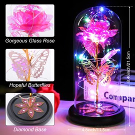 Valentines Day Gifts for Her, Galaxy Glass Rose Flower Forever Eternal Crystal Light Up Rose in Glass Dome with Butterfly Birthday Gifts for Women Mom Wife Girlfriend Grandma Pink