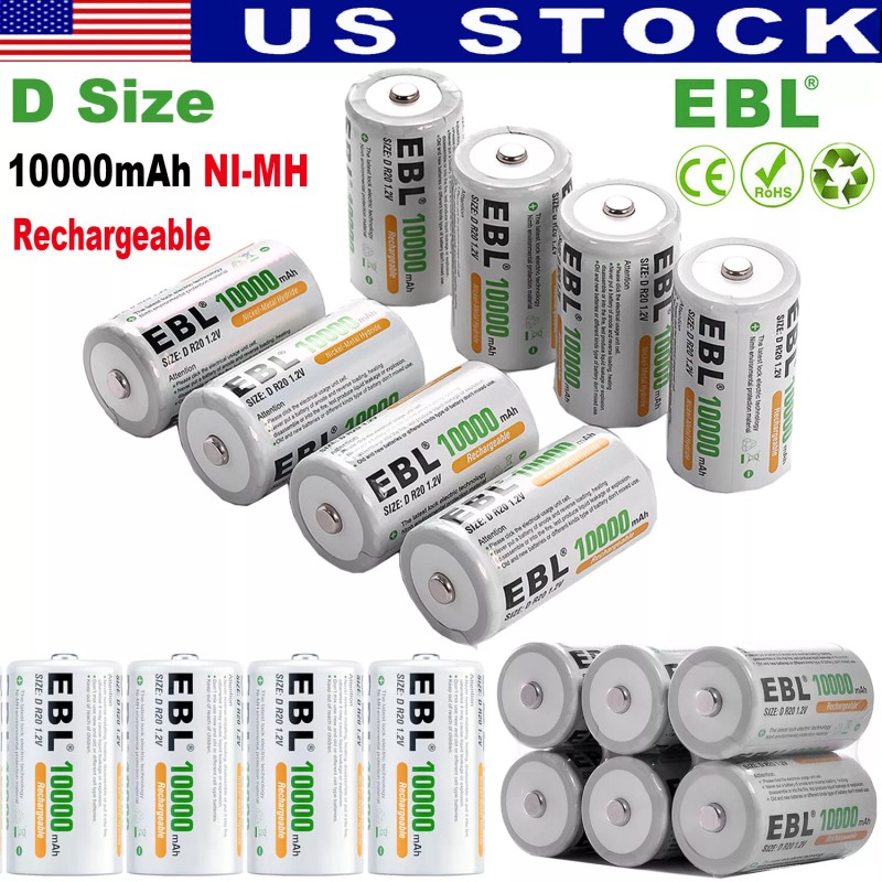 EBL D Cell Size NIMH Rechargeable Batteries 1.2V Battery +