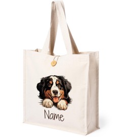 GRAZDesign Personalisierte Baumwoll-Tragetasche mit Knopf und Hunderassenmotiv, individuell mit Namen bedruckbar - Berner Sennenhund