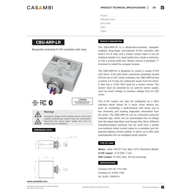 Casambi | Bluetooth-Controlled 0-10V Controller with Relay | CBU-ARP-LR