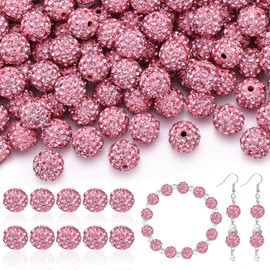 200pcs 10mm Rhinestone Beads for Jewelry Making, Pink Shiny Round Disco Ball Beads Bulk, Sparkle Crystal Clay Christmas for Bracelet Baseball Necklace Earring Crafting and DIY