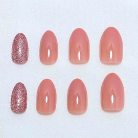 RikView Medium Press on Nails Sparkling Nails for Women Glossy Fake Nails with Glitter Design Full Cover Nails 24 PCS/Set(Pink Almond)