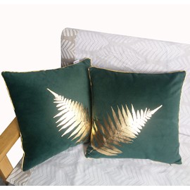 ZUODO Set of 2 Green Velvet Gold Leaf Foil Printing Cushion Cover Pillow Case Show Room Bar Use Party Use Festival Use Gift Use 45x45cm Gold Piping Decoration