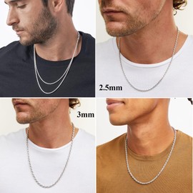 Esrael 925 Sterling Silver Solid 2.5 mm 3 mm Cord Chain Necklace for Men, Robust Non-Fading Men's Silver Chain Jewellery Gifts for Men 16/18/20/22/24 Inches, Sterling Silver